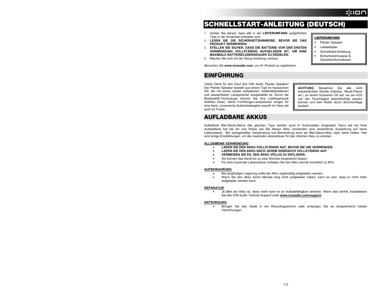 Schnellstart-anleitung (deutsch), Einführung, Aufladbare akkus | ION Audio Planter Speaker User Manual | Page 19 / 28