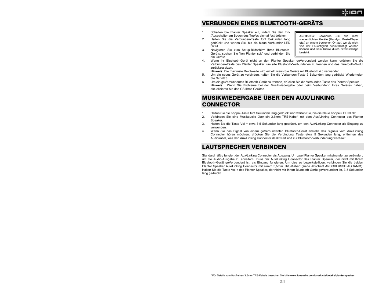 Verbunden eines bluetooth-geräts, Musikwiedergabe über den aux/linking connector, Lautsprecher verbinden | ION Audio Planter Speaker User Manual | Page 21 / 28
