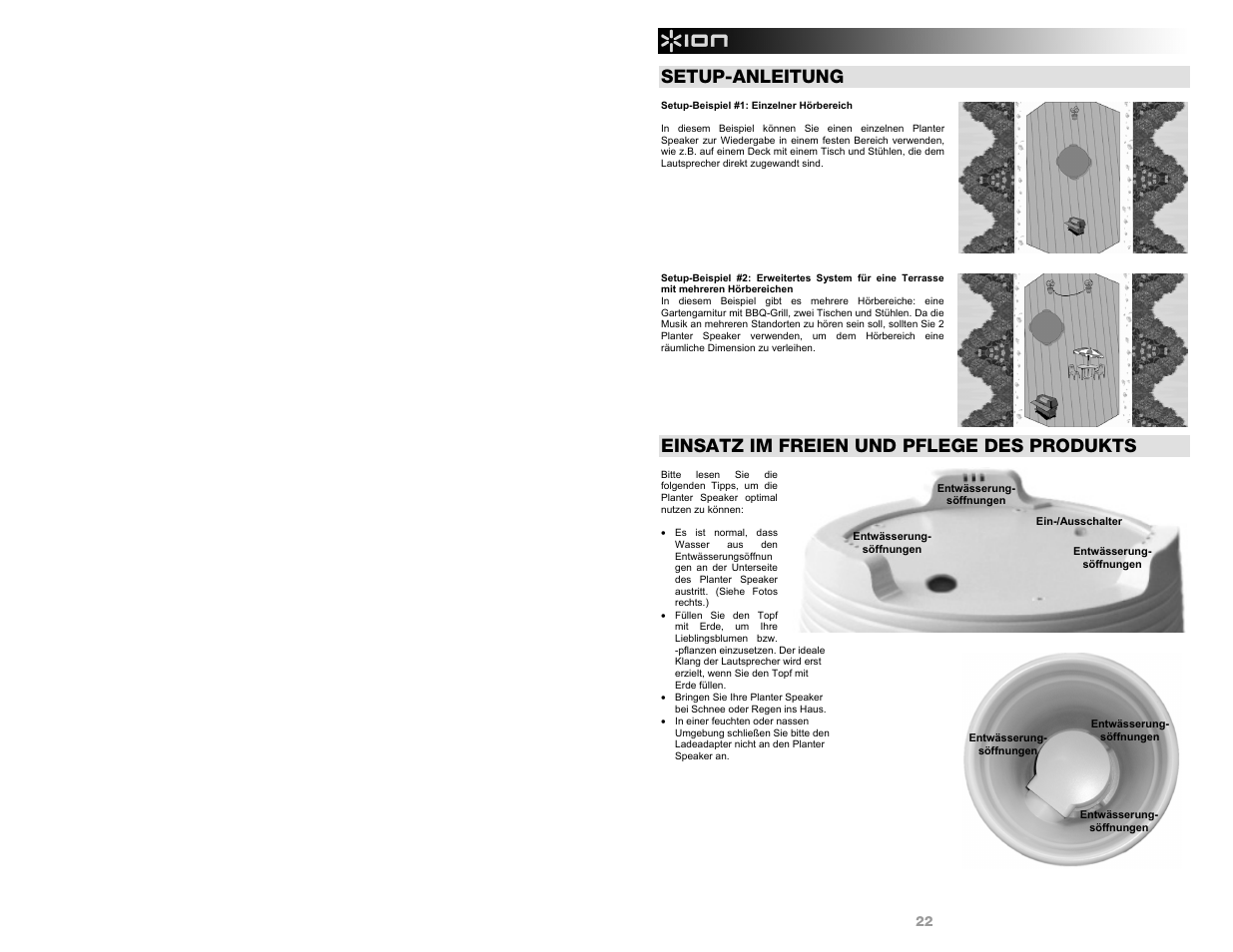 Setup-anleitung, Einsatz im freien und pflege des produkts | ION Audio Planter Speaker User Manual | Page 22 / 28