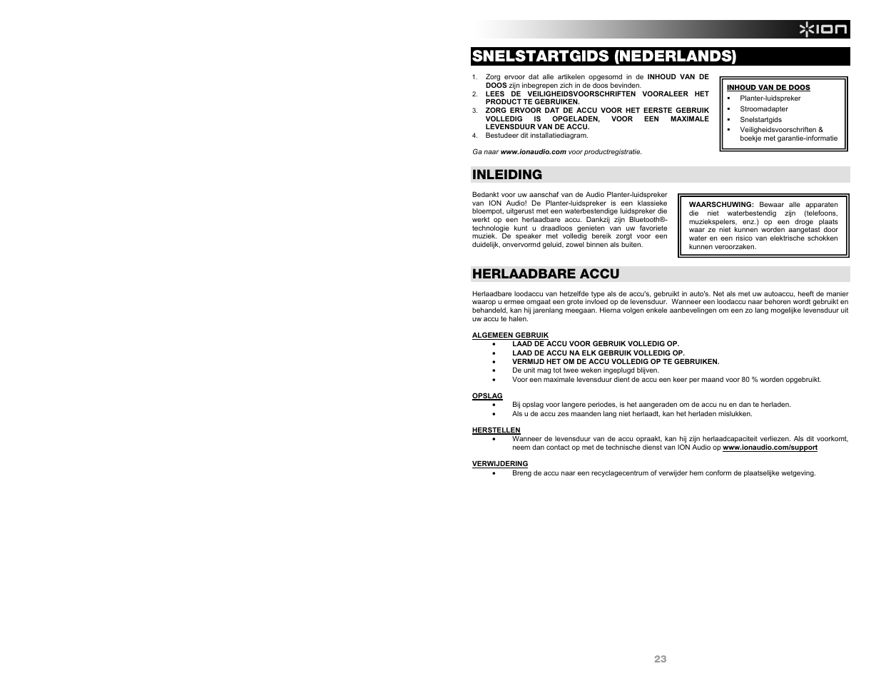 Snelstartgids (nederlands), Inleiding, Herlaadbare accu | ION Audio Planter Speaker User Manual | Page 23 / 28