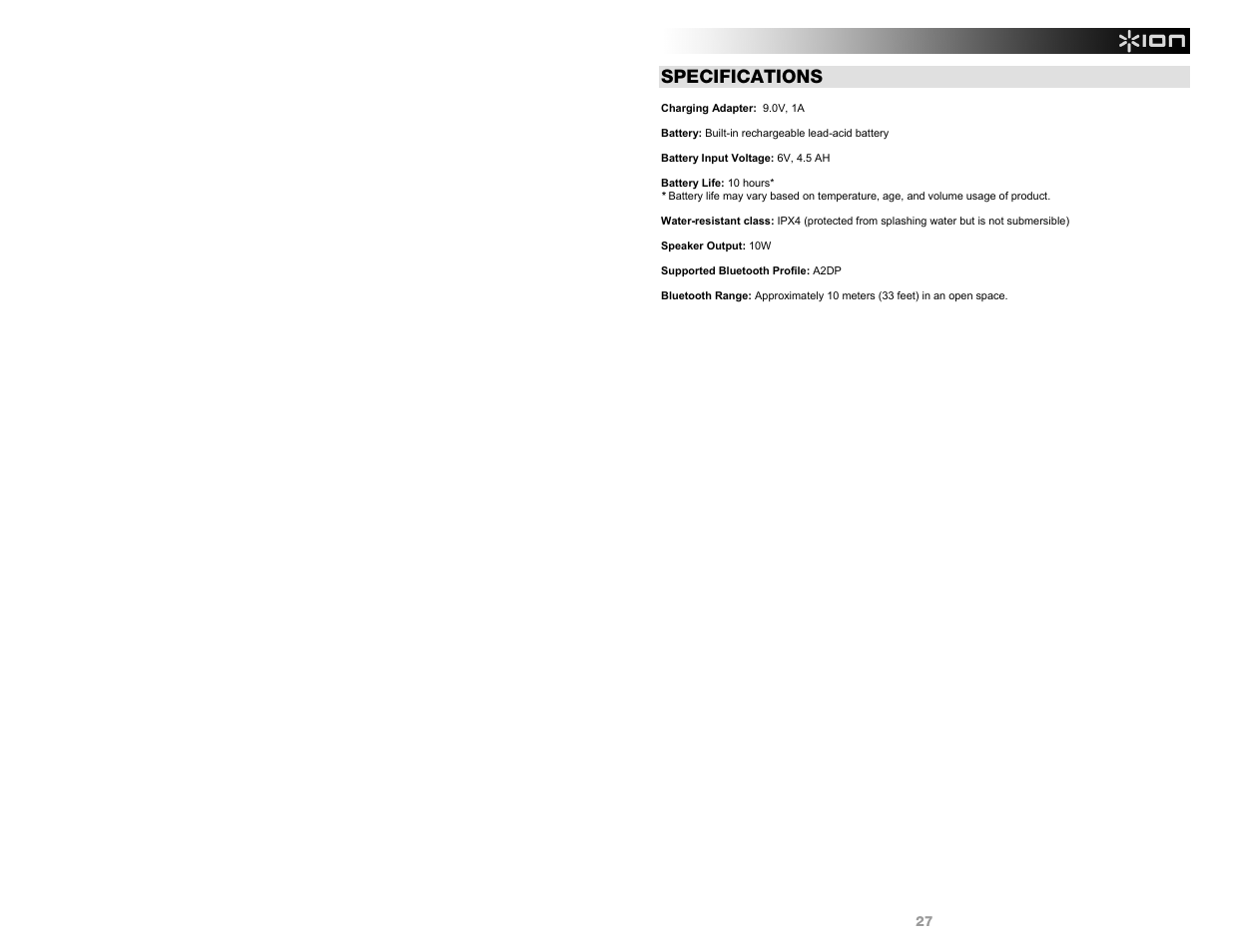Specifications | ION Audio Planter Speaker User Manual | Page 27 / 28