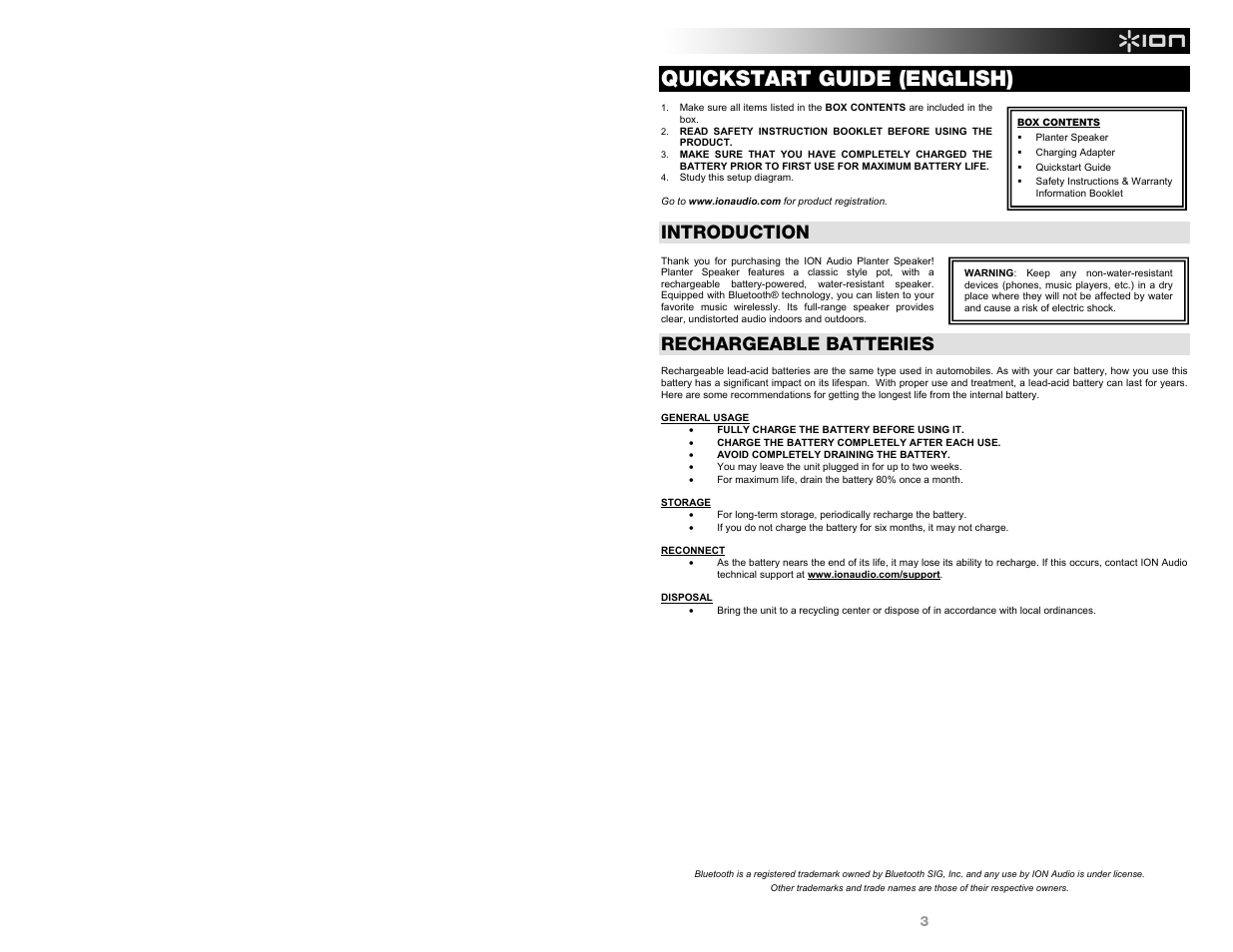 Quickstart guide (english), Introduction, Rechargeable batteries | ION Audio Planter Speaker User Manual | Page 3 / 28