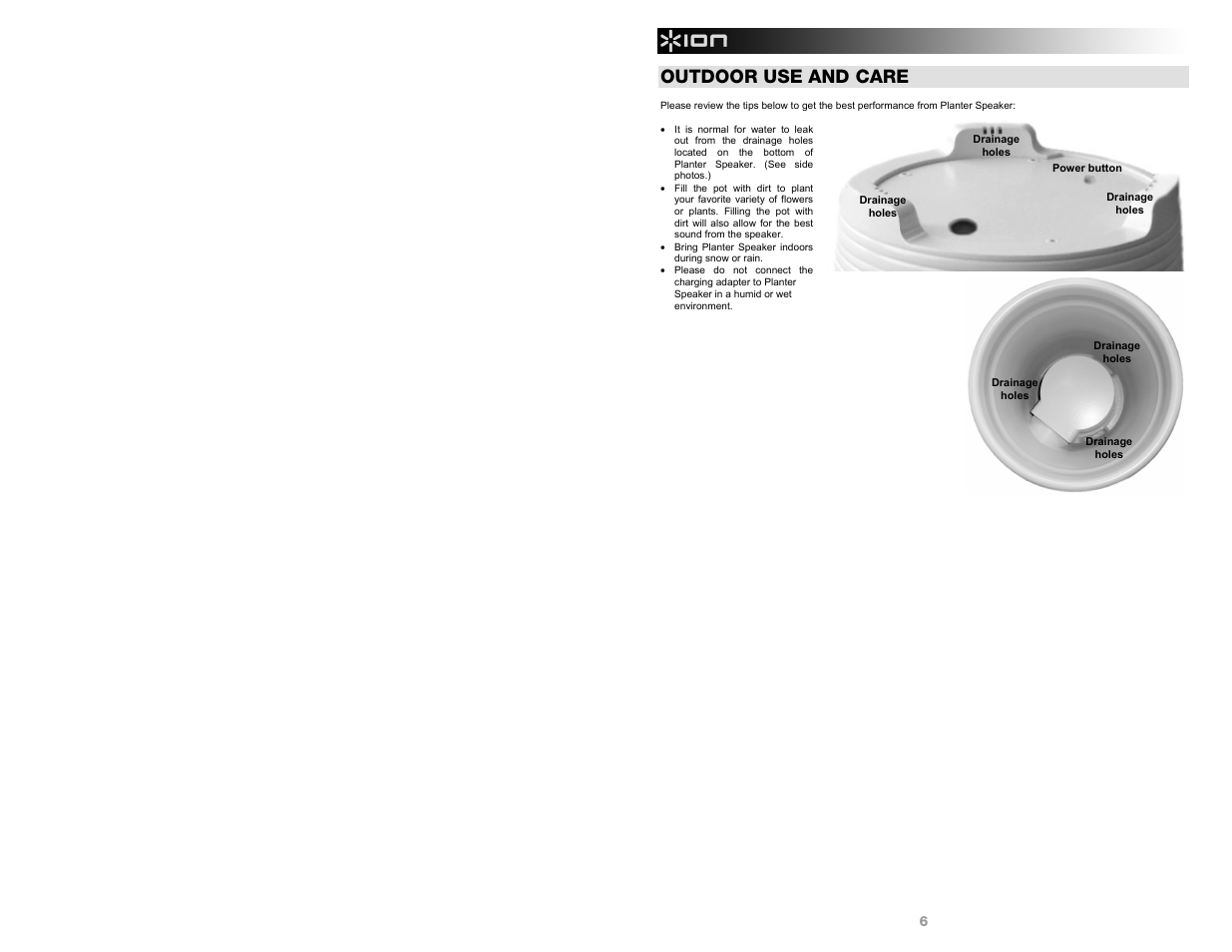 Outdoor use and care | ION Audio Planter Speaker User Manual | Page 6 / 28