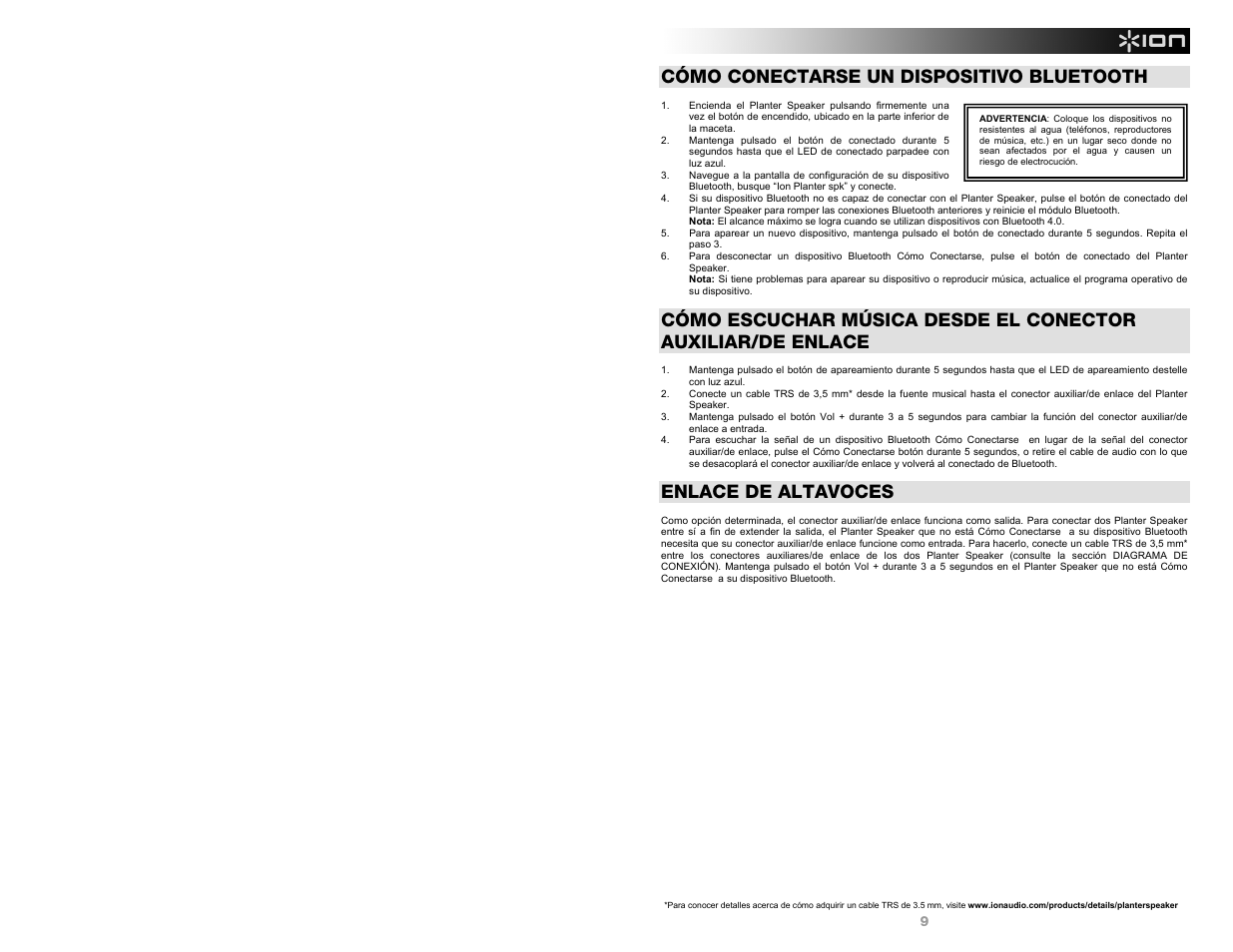 Cómo conectarse un dispositivo bluetooth, Enlace de altavoces | ION Audio Planter Speaker User Manual | Page 9 / 28