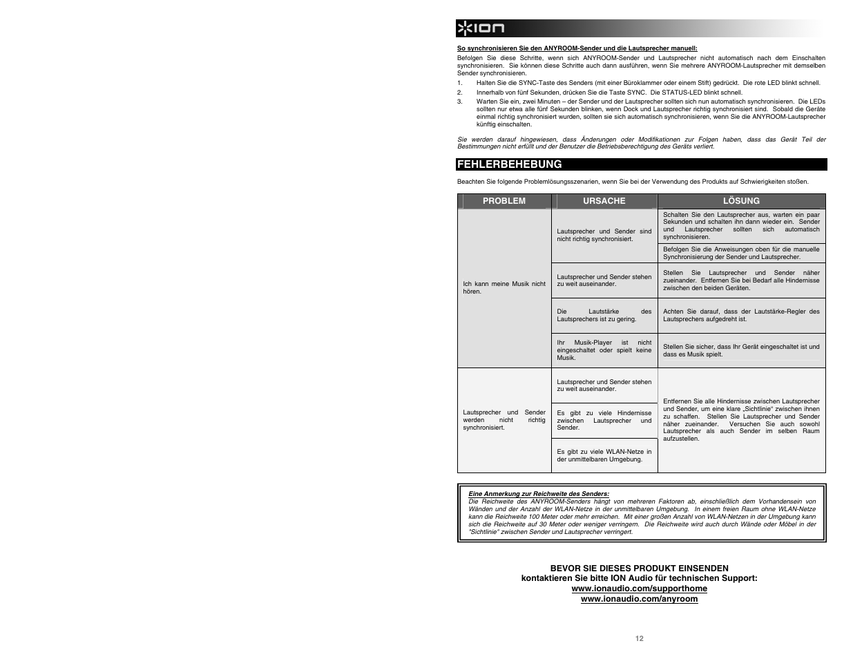 Fehlerbehebung | ION Audio Anyroom User Manual | Page 12 / 16