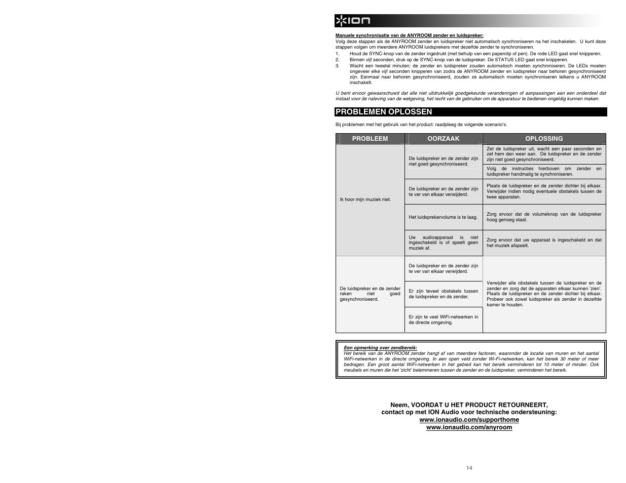Problemen oplossen | ION Audio Anyroom User Manual | Page 14 / 16