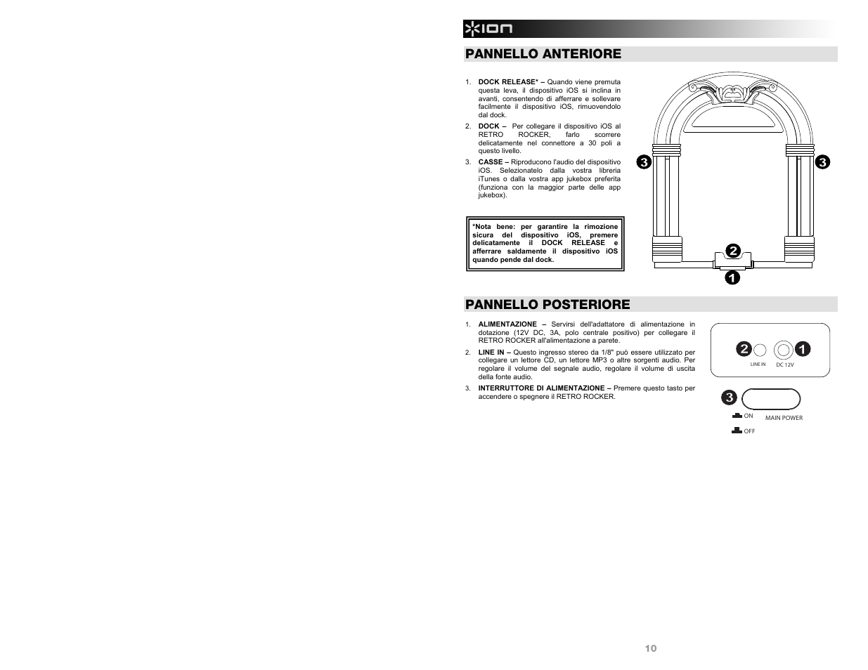Pannello anteriore, Pannello posteriore | ION Audio Retro Rocker User Manual | Page 10 / 16