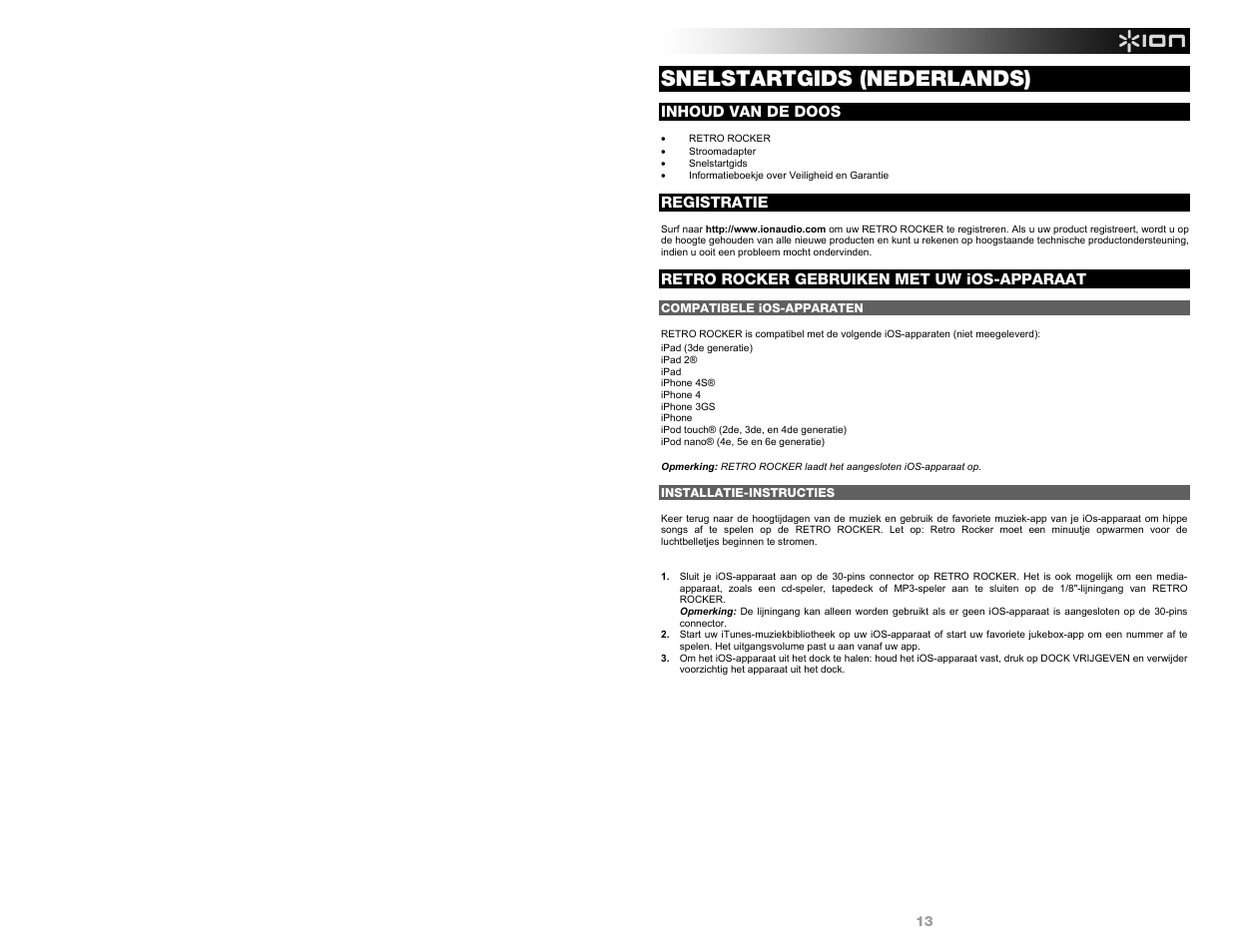 Snelstartgids (nederlands), Inhoud van de doos, Registratie | Retro rocker gebruiken met uw ios-apparaat | ION Audio Retro Rocker User Manual | Page 13 / 16
