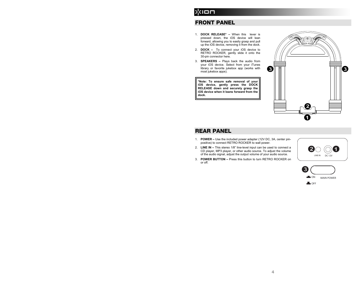 Front panel, Rear panel | ION Audio Retro Rocker User Manual | Page 4 / 16