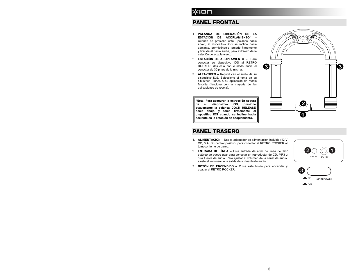 Panel frontal, Panel trasero | ION Audio Retro Rocker User Manual | Page 6 / 16