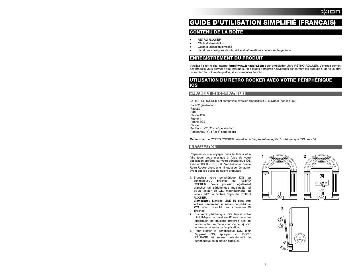 Guide d’utilisation simplifié (français), Contenu de la boîte, Enregistrement du produit | ION Audio Retro Rocker User Manual | Page 7 / 16