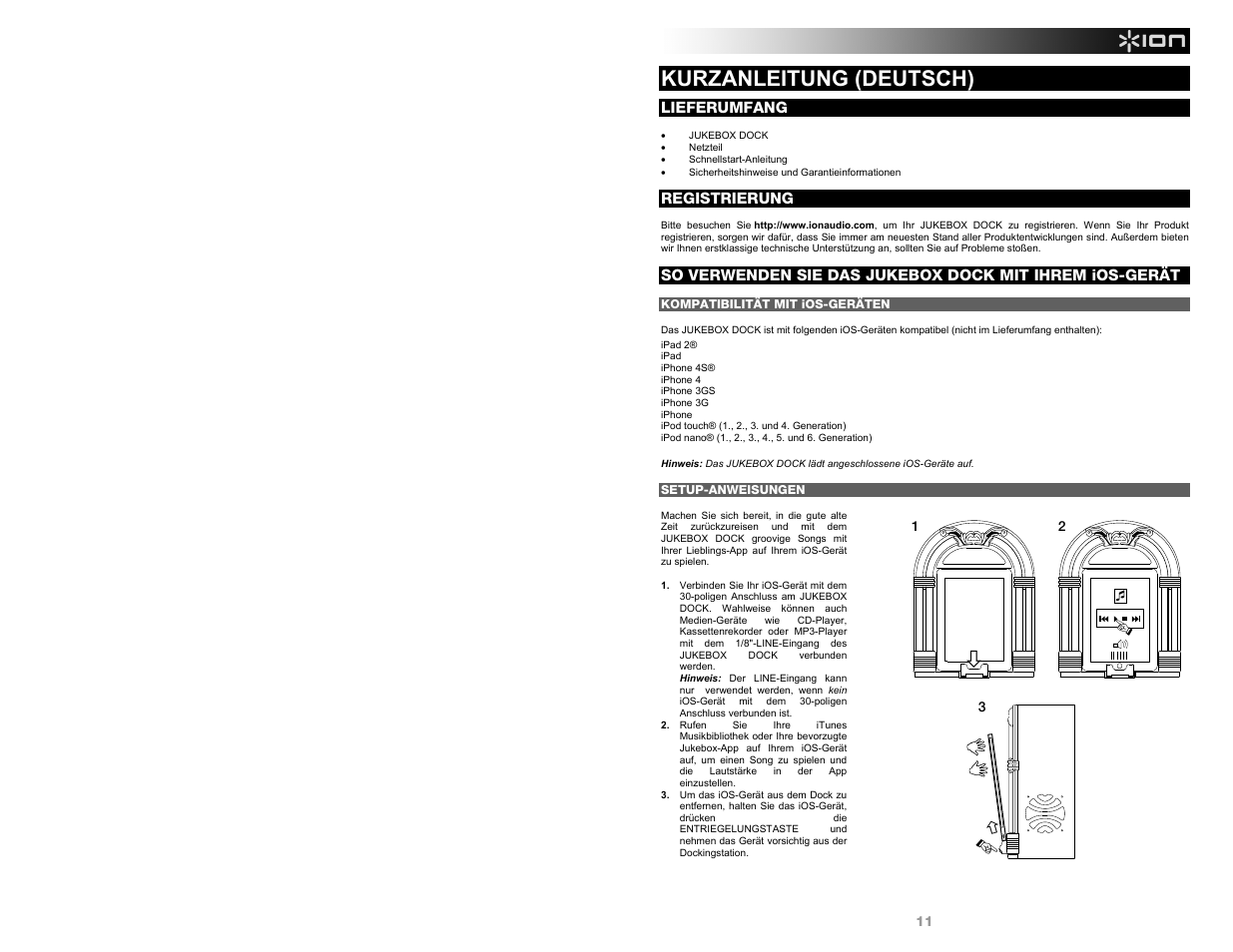 Kurzanleitung (deutsch) | ION Audio Jukebox Dock User Manual | Page 11 / 16
