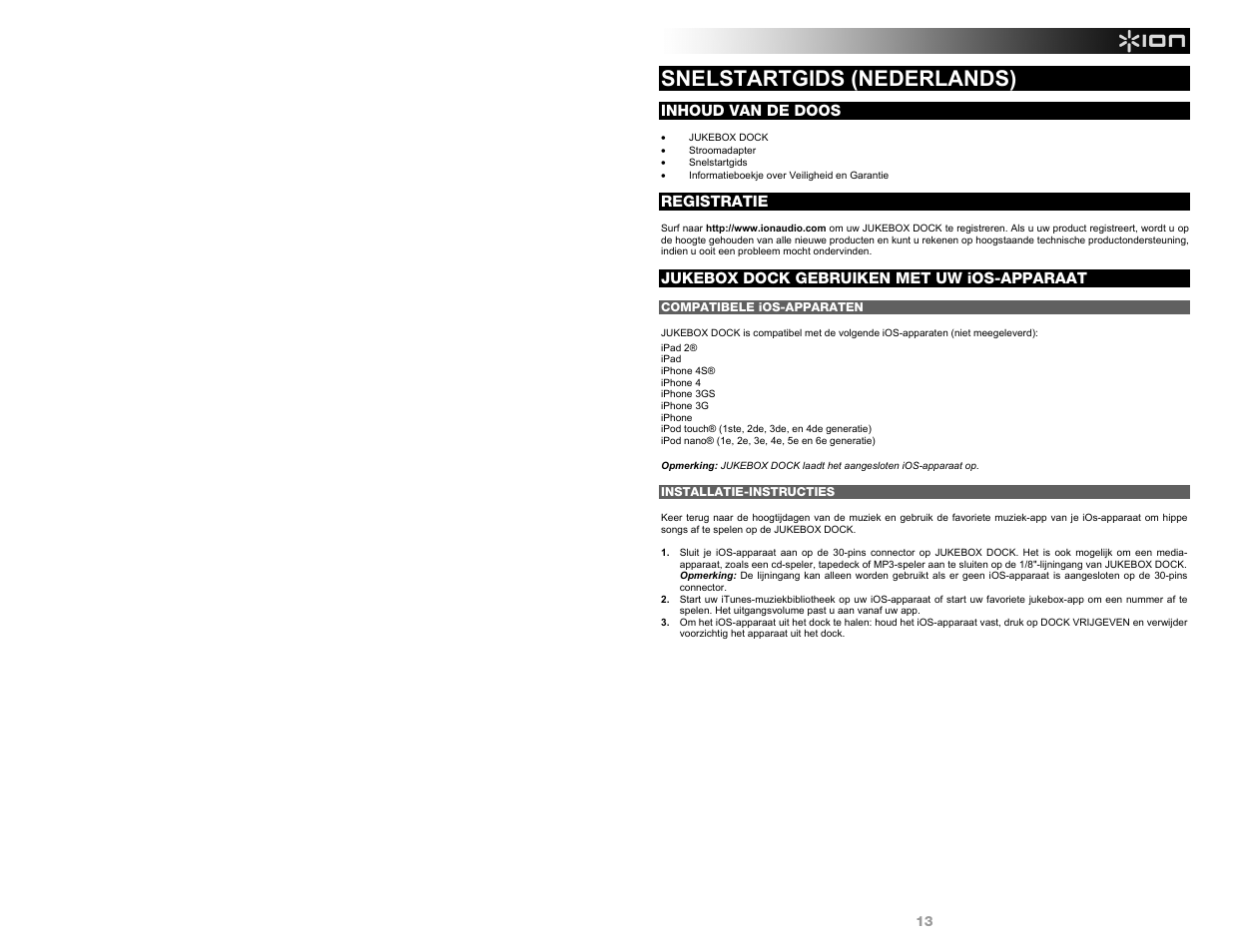 Snelstartgids (nederlands), Inhoud van de doos, Registratie | Jukebox dock gebruiken met uw ios-apparaat | ION Audio Jukebox Dock User Manual | Page 13 / 16
