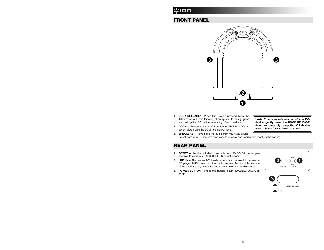Front panel, Rear panel | ION Audio Jukebox Dock User Manual | Page 4 / 16