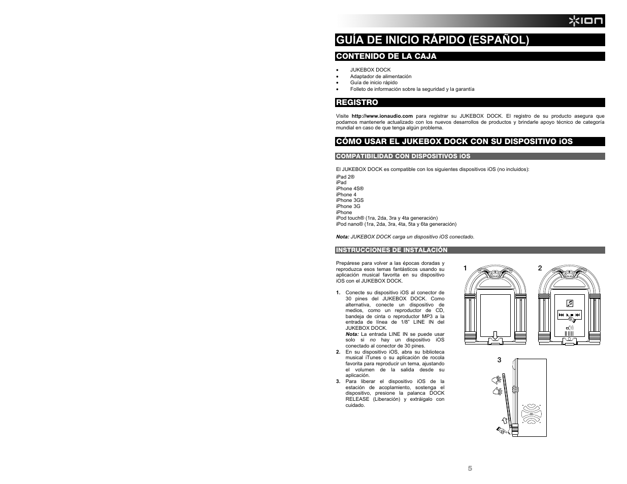 Guía de inicio rápido (español) | ION Audio Jukebox Dock User Manual | Page 5 / 16