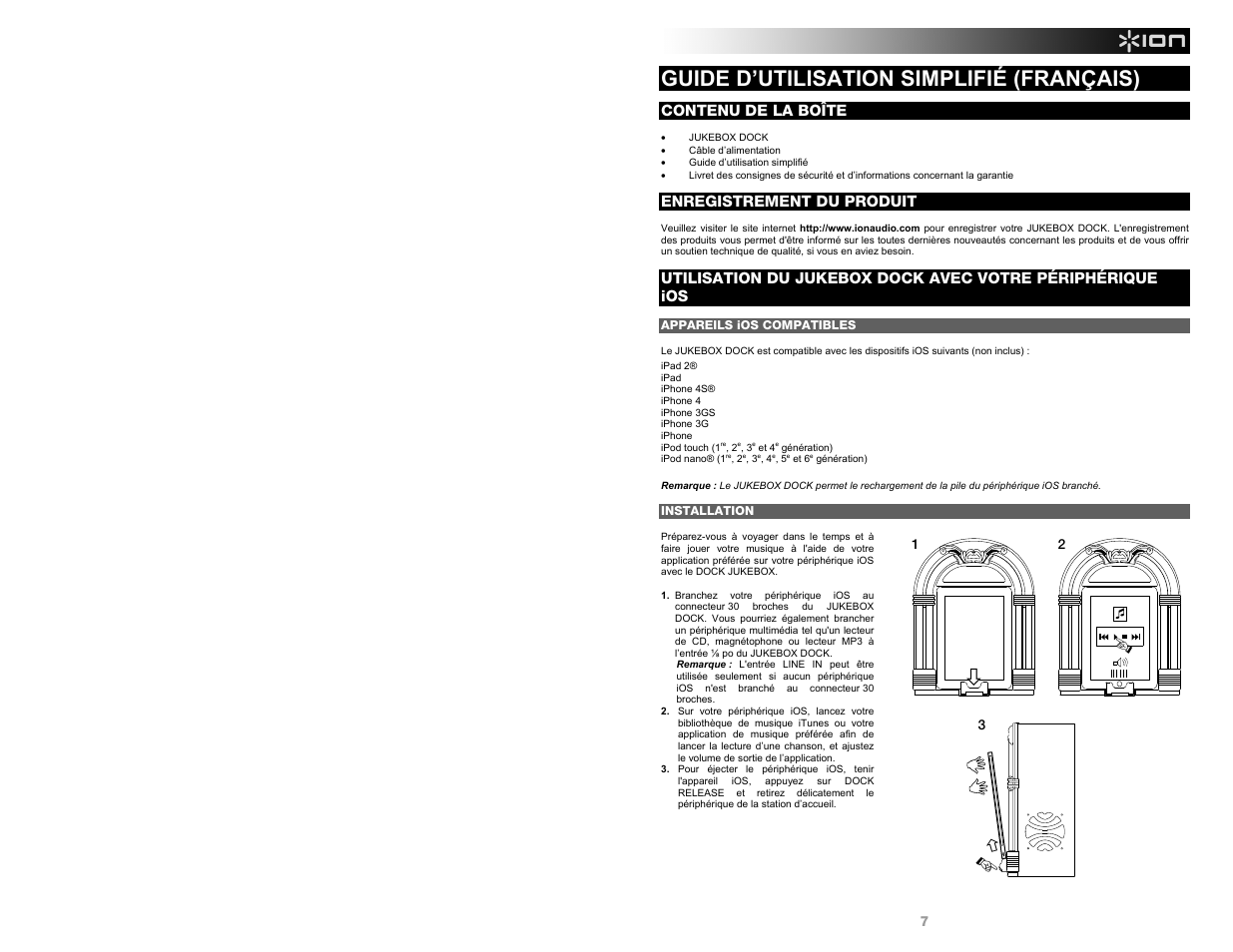 Guide d’utilisation simplifié (français), Contenu de la boîte, Enregistrement du produit | ION Audio Jukebox Dock User Manual | Page 7 / 16