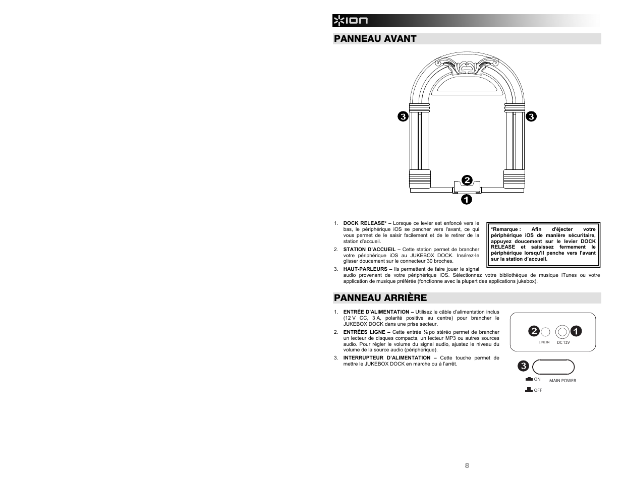 Panneau avant, Panneau arrière | ION Audio Jukebox Dock User Manual | Page 8 / 16