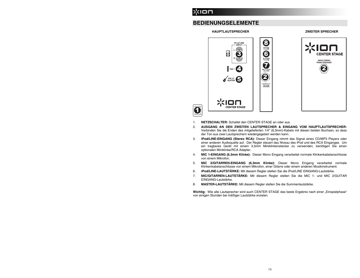 Bedienungselemente | ION Audio Center Stage User Manual | Page 16 / 20