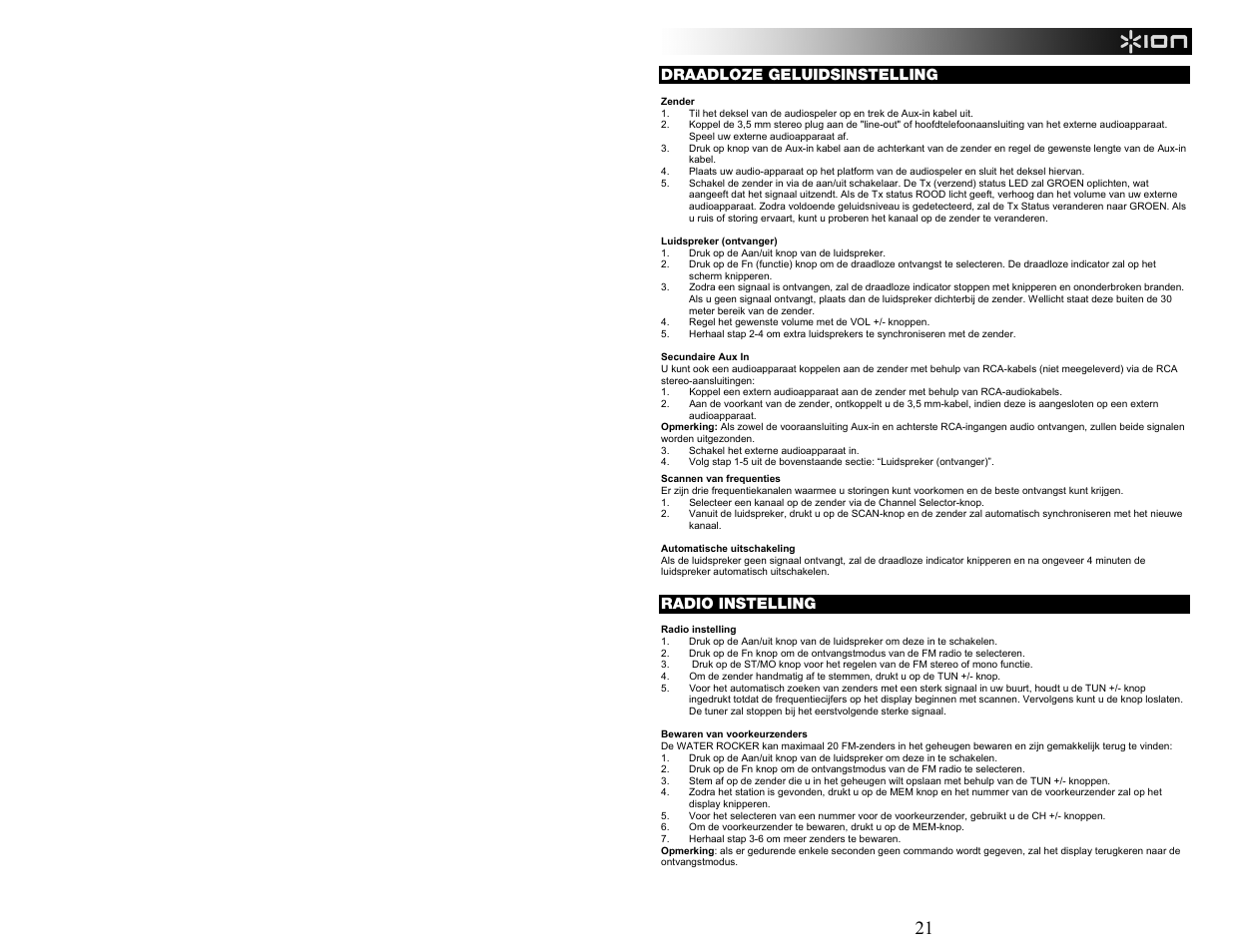 Draadloze geluidsinstelling, Radio instelling | ION Audio WATER ROCKER User Manual | Page 21 / 28