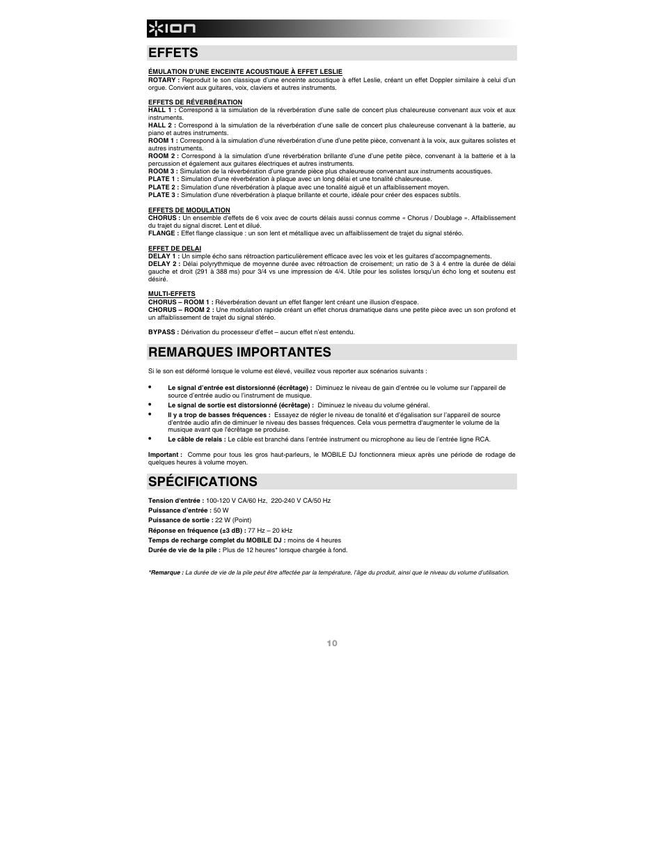 Effets, Remarques importantes, Spécifications | ION Audio Mobile DJ User Manual | Page 10 / 20