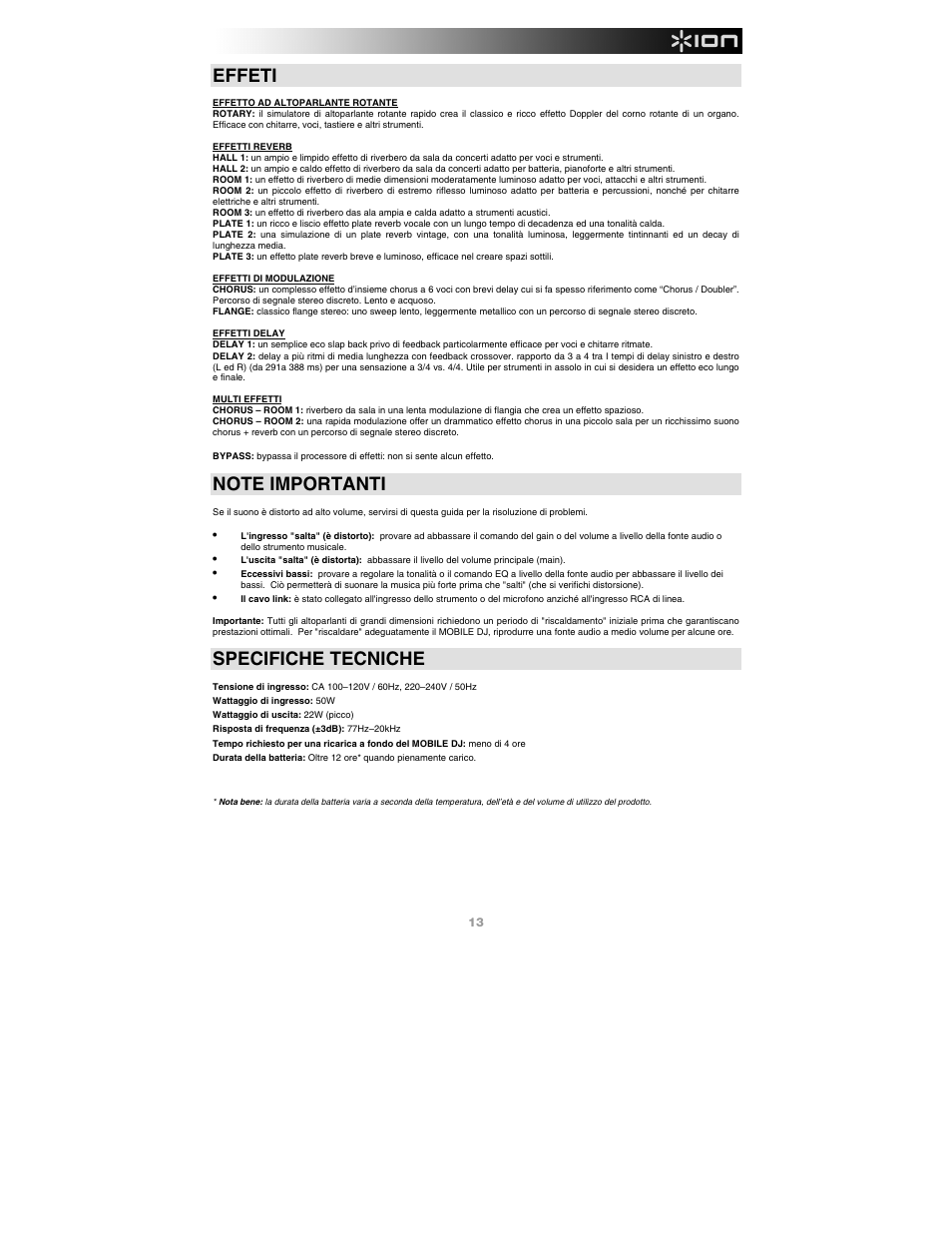 Effeti, Specifiche tecniche | ION Audio Mobile DJ User Manual | Page 13 / 20