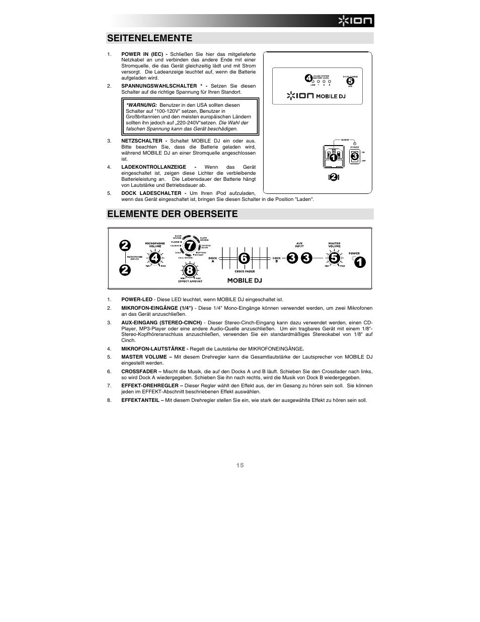 Seitenelemente, Elemente der oberseite | ION Audio Mobile DJ User Manual | Page 15 / 20