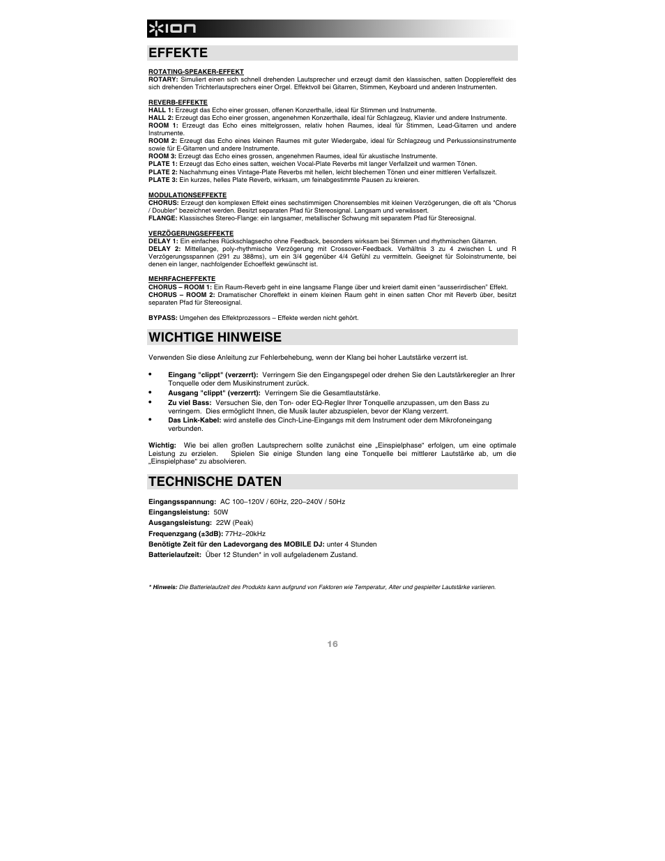 Effekte, Wichtige hinweise, Technische daten | ION Audio Mobile DJ User Manual | Page 16 / 20