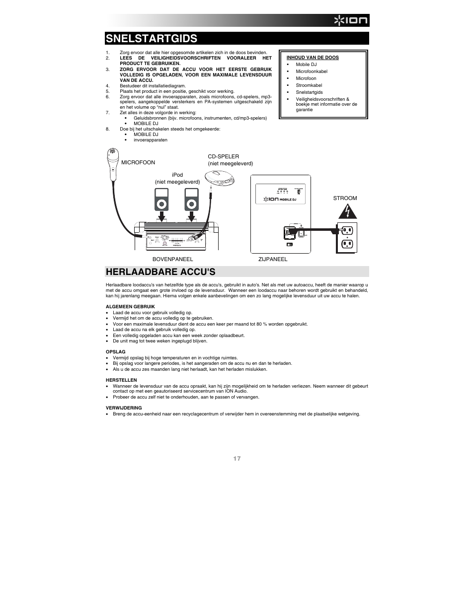 Snelstartgids, Herlaadbare accu's | ION Audio Mobile DJ User Manual | Page 17 / 20