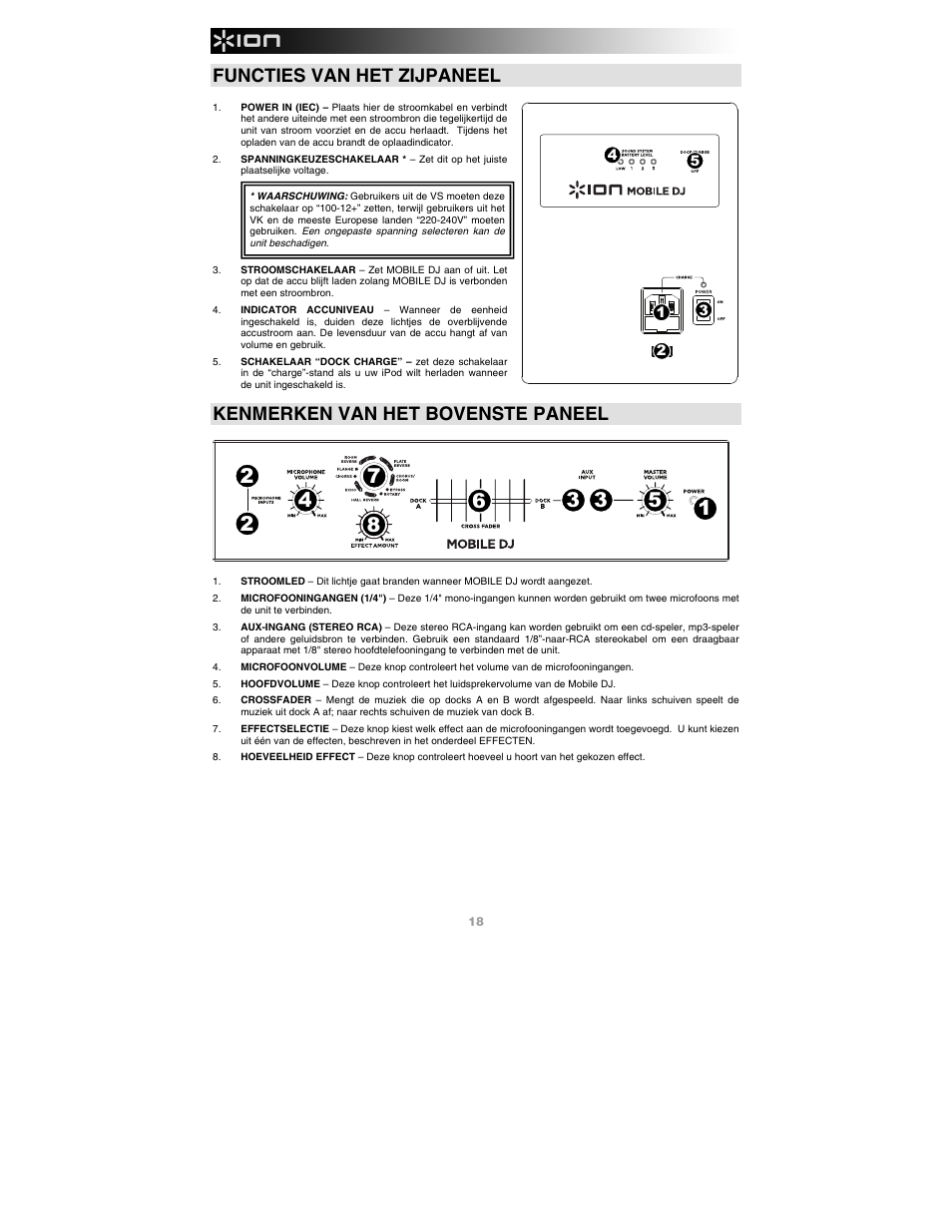 Functies van het zijpaneel, Kenmerken van het bovenste paneel | ION Audio Mobile DJ User Manual | Page 18 / 20