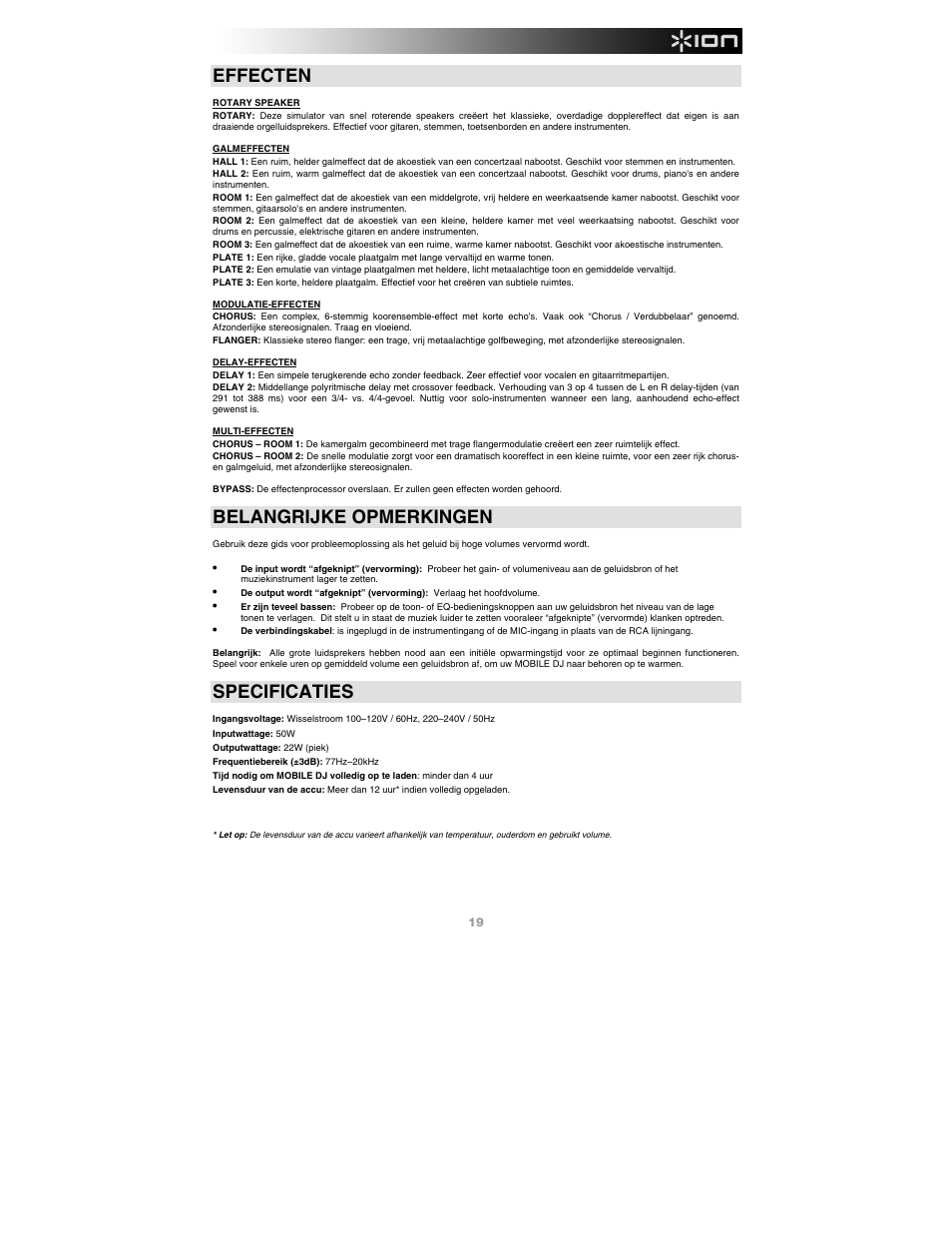 Effecten, Belangrijke opmerkingen, Specificaties | ION Audio Mobile DJ User Manual | Page 19 / 20