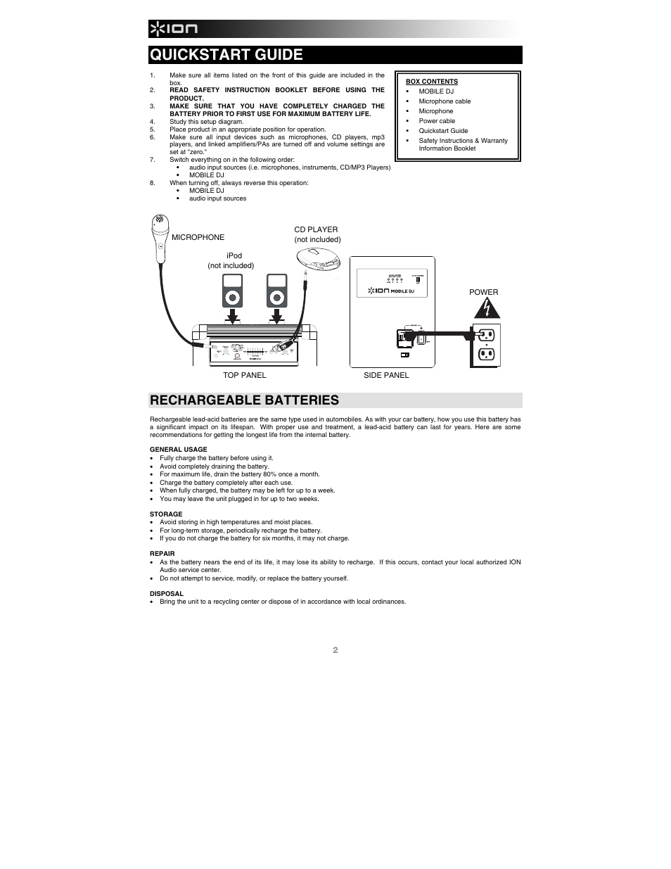 Quickstart guide, Rechargeable batteries | ION Audio Mobile DJ User Manual | Page 2 / 20