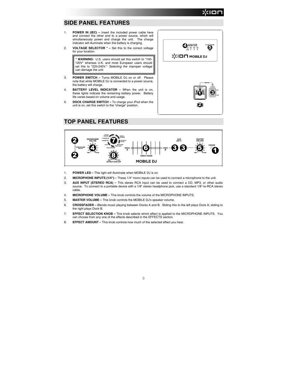 Side panel features, Top panel features | ION Audio Mobile DJ User Manual | Page 3 / 20