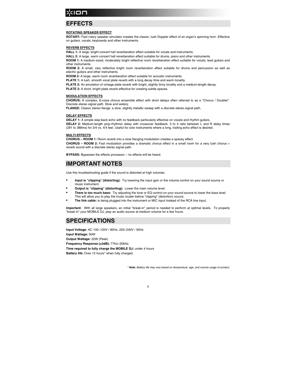 Effects, Specifications | ION Audio Mobile DJ User Manual | Page 4 / 20