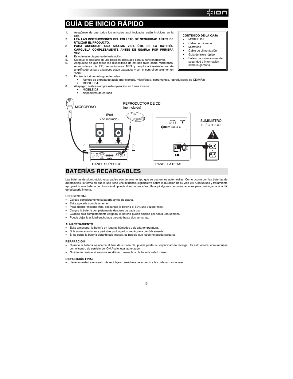 Guía de inicio rápido, Baterías recargables | ION Audio Mobile DJ User Manual | Page 5 / 20