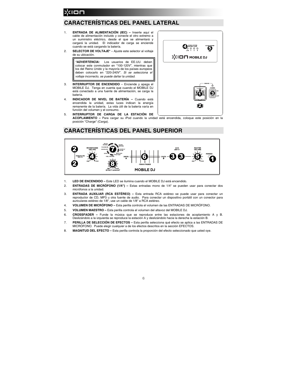 Características del panel lateral, Características del panel superior | ION Audio Mobile DJ User Manual | Page 6 / 20