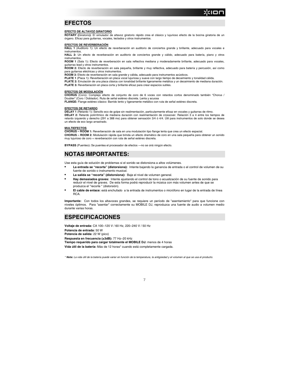 Efectos, Notas importantes, Especificaciones | ION Audio Mobile DJ User Manual | Page 7 / 20
