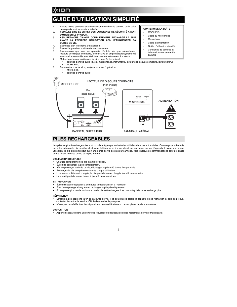 Guide d’utilisation simplifié, Piles rechargeables | ION Audio Mobile DJ User Manual | Page 8 / 20