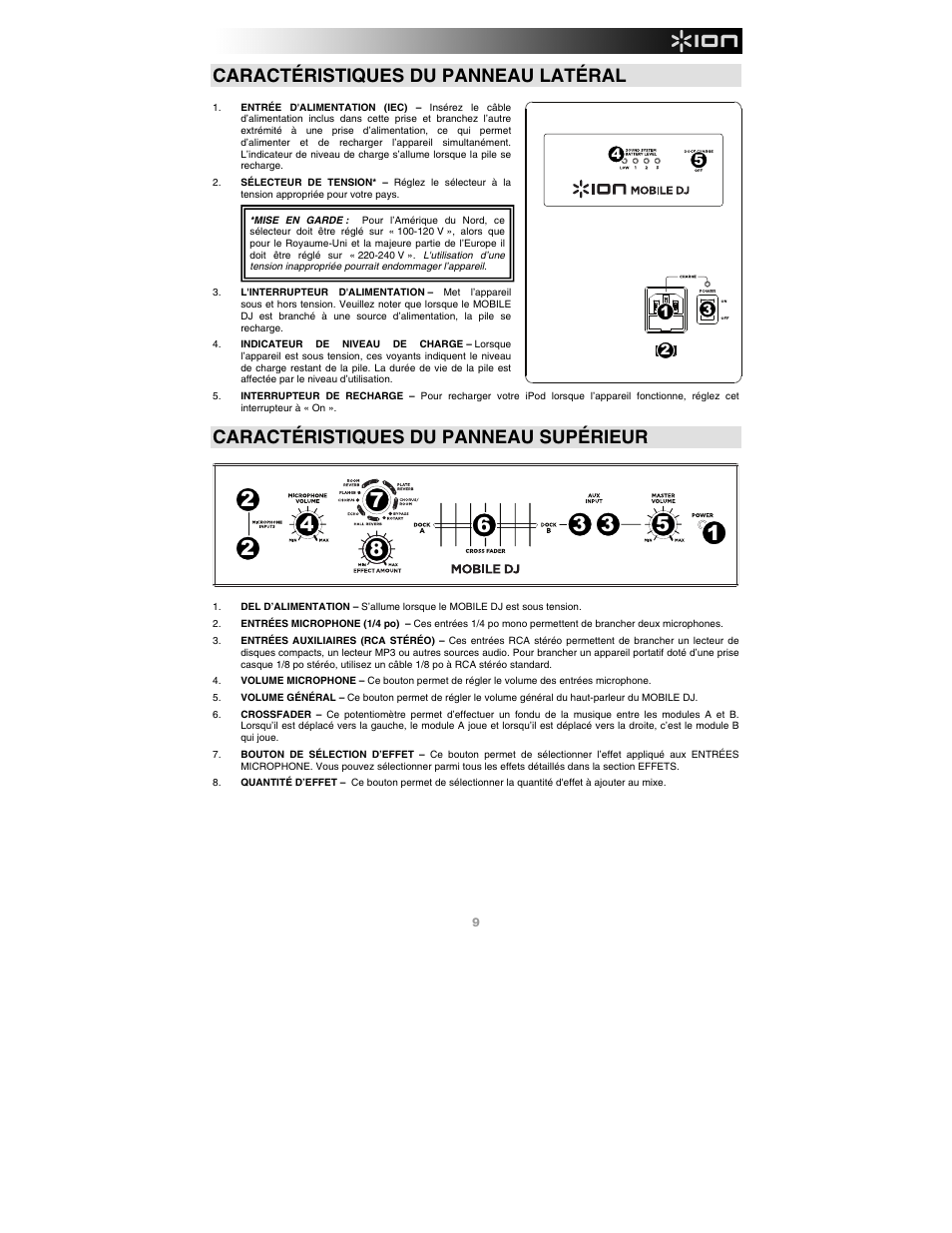 Caractéristiques du panneau latéral, Caractéristiques du panneau supérieur | ION Audio Mobile DJ User Manual | Page 9 / 20