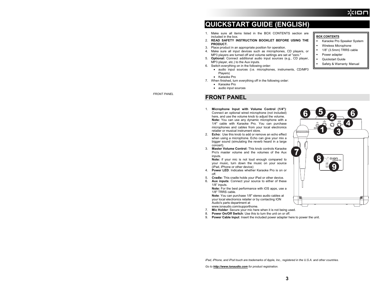 Quickstart guide (english), Front panel, Input | ION Audio Karaoke Pro User Manual | Page 3 / 16
