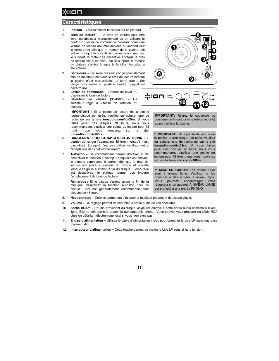 Caractéristiques | ION Audio Live LP User Manual | Page 10 / 24