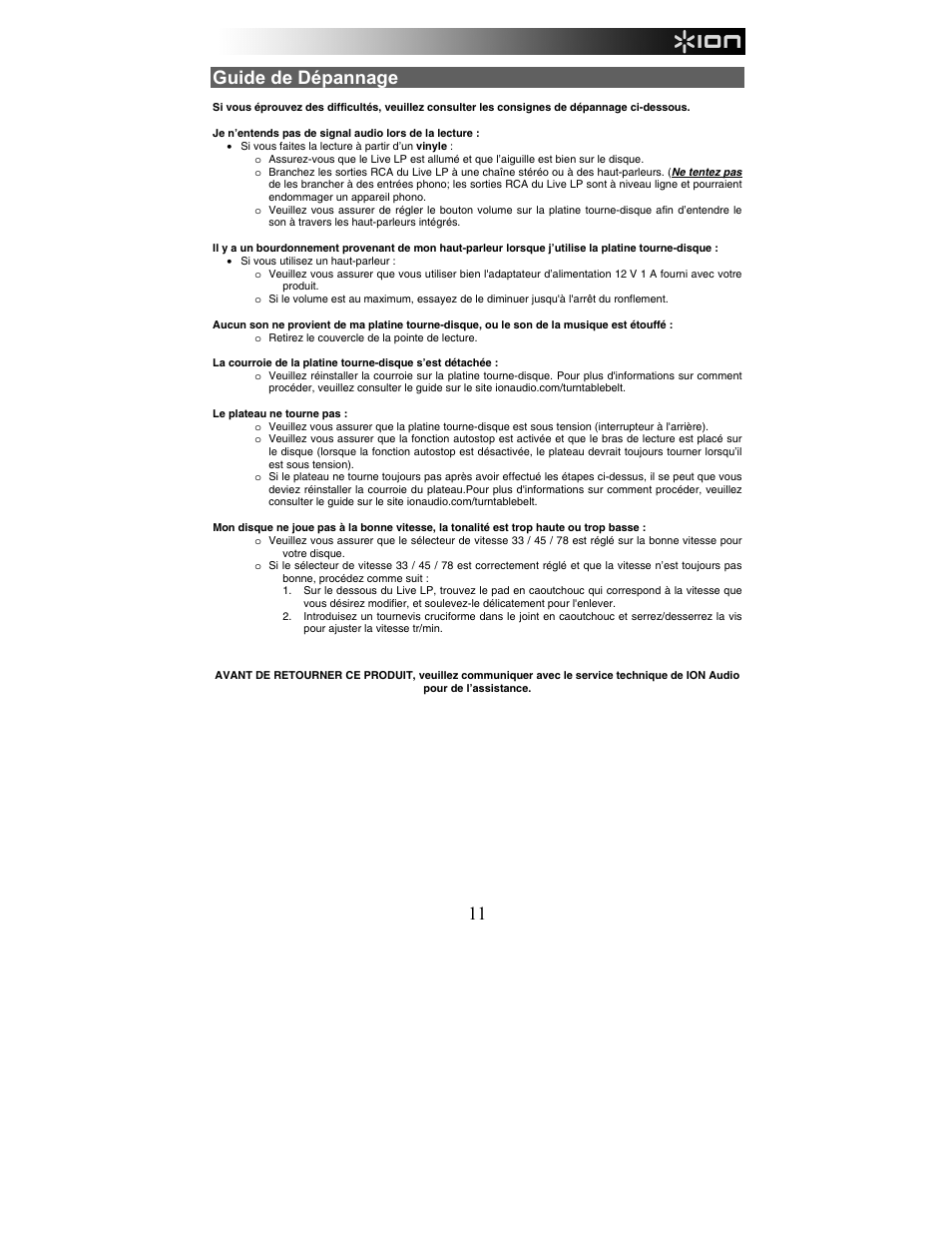 Guide de dépannage | ION Audio Live LP User Manual | Page 11 / 24