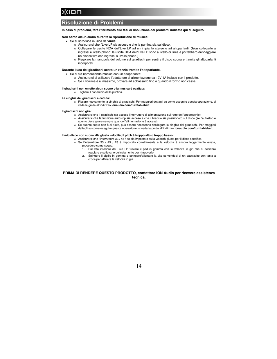 Risoluzione di problemi | ION Audio Live LP User Manual | Page 14 / 24