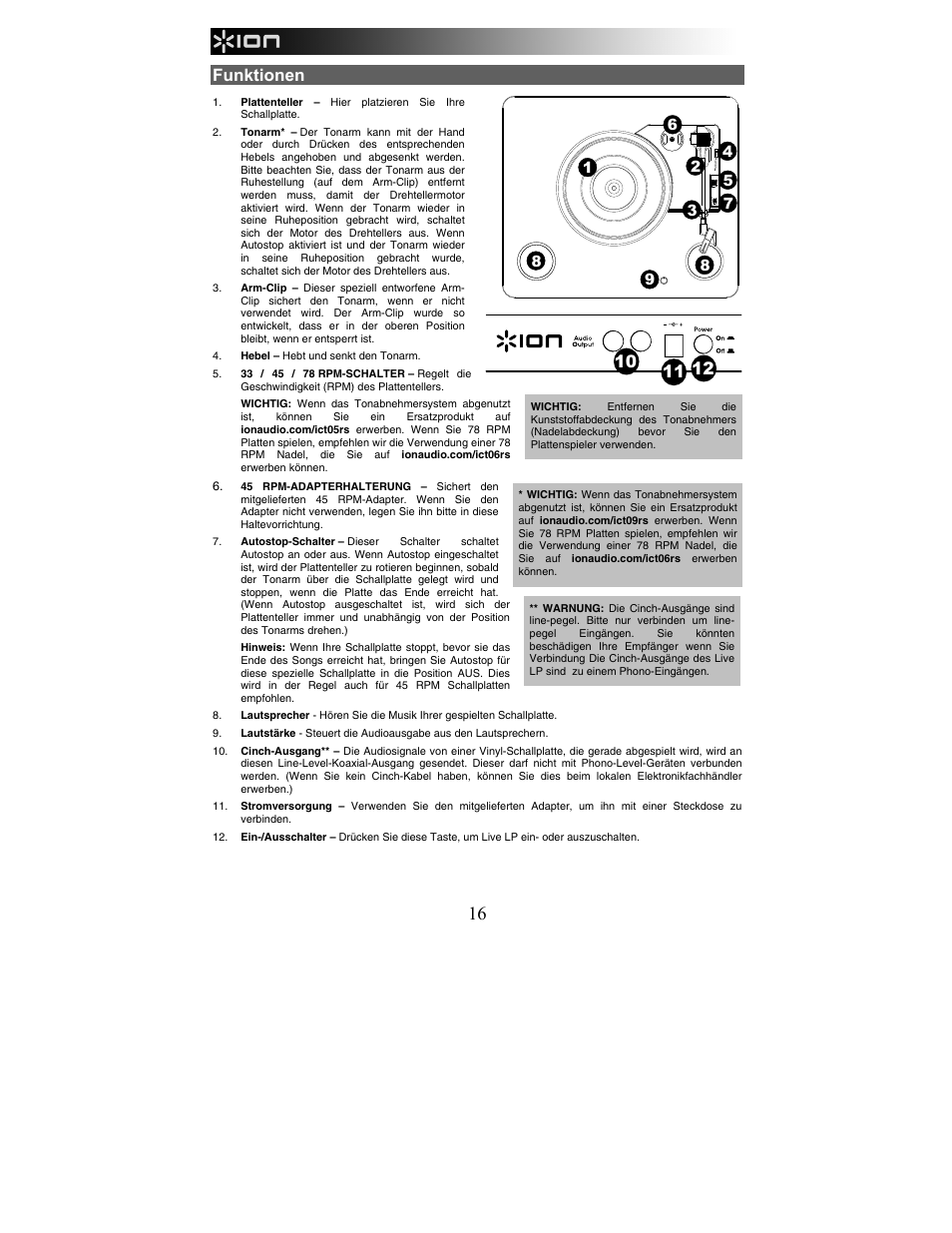Funktionen | ION Audio Live LP User Manual | Page 16 / 24