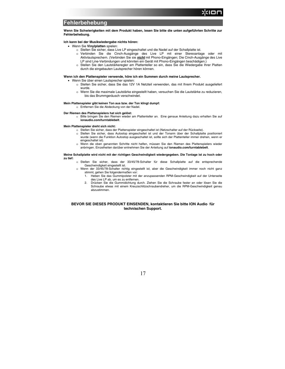 Fehlerbehebung | ION Audio Live LP User Manual | Page 17 / 24