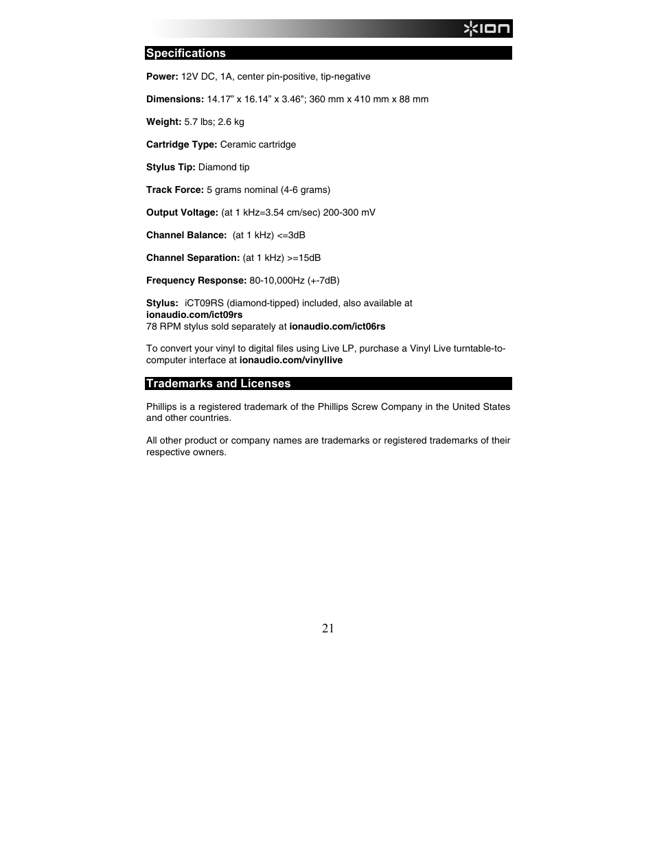 ION Audio Live LP User Manual | Page 21 / 24