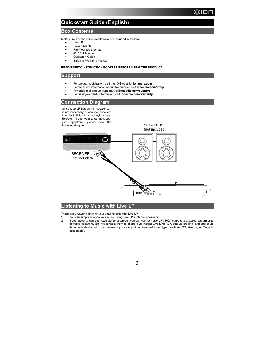 Quickstart guide (english), Box contents, Support | Connection diagram, Listening to music with live lp | ION Audio Live LP User Manual | Page 3 / 24