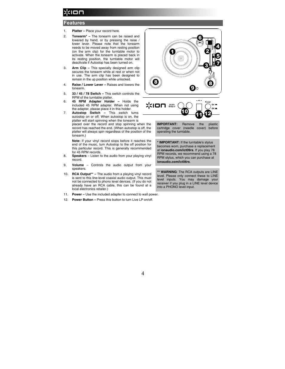 Features | ION Audio Live LP User Manual | Page 4 / 24