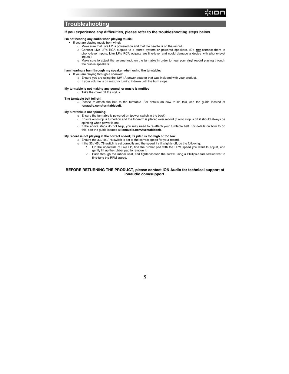 Troubleshooting | ION Audio Live LP User Manual | Page 5 / 24