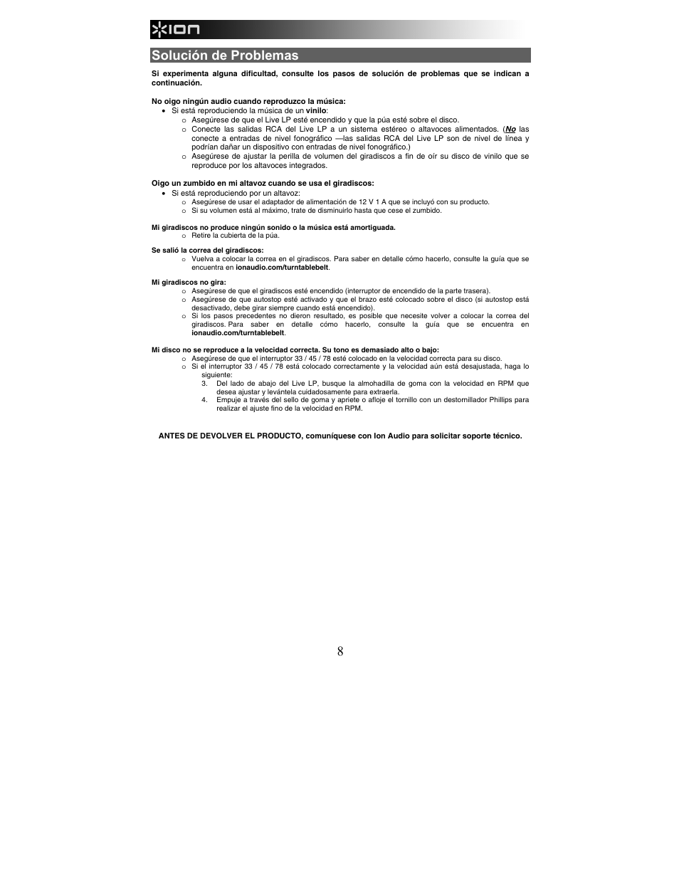 Solución de problemas | ION Audio Live LP User Manual | Page 8 / 24