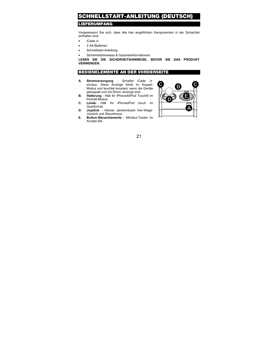 Schnellstart-anleitung (deutsch) | ION Audio iCade Jr. User Manual | Page 21 / 32